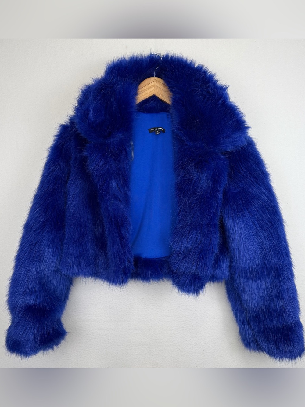 Fashion Nova Royal Blue Faux Fur Cropped Jacket Size Small Open Front